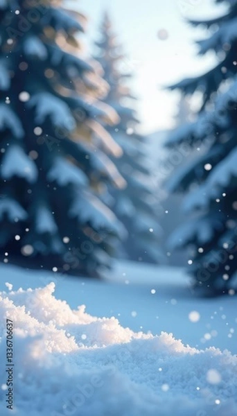 Fototapeta Snowflakes gently fall on a serene winter landscape, frosty atmosphere, snowflakes