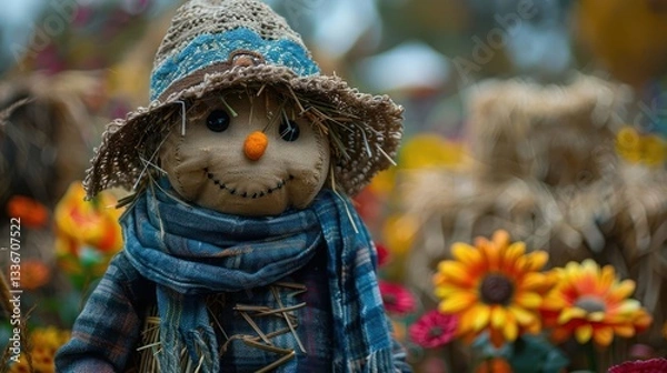 Fototapeta Colorful autumn scene featuring a smiling scarecrow amidst vibrant flowers in a farm setting