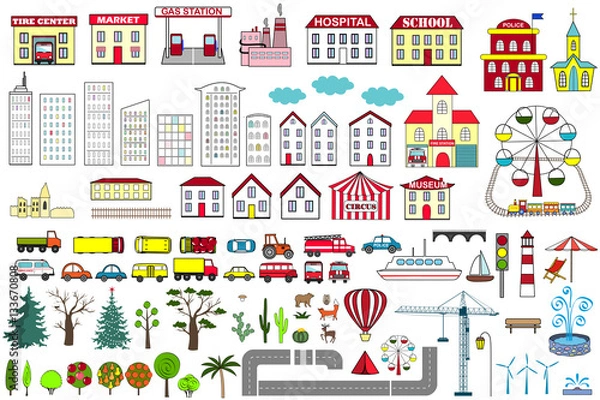 Fototapeta Set of cartoon city map elements. Vector illustration.