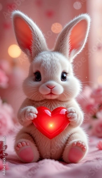 Fototapeta A cute bunny holding a glowing red heart in a soft pink glow, creating a sweet and loving atmosphere, ideal for whimsical designs.