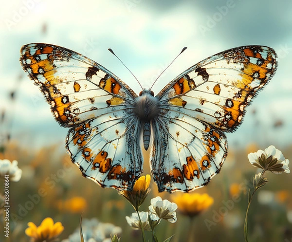 Fototapeta A vibrant butterfly with colorful wings perches among soft flowers, glowing gently, creating a whimsical and magical scene, perfect for nature designs.