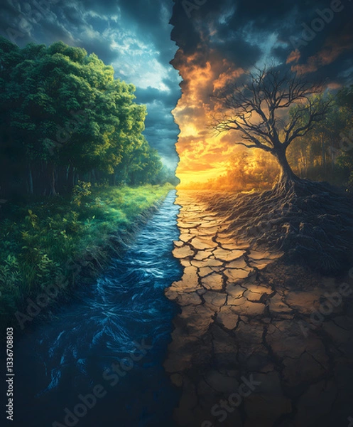 Fototapeta A split landscape shows a dry desert merging into lush greenery with a glowing sky, creating a surreal and magical contrast, ideal for fantasy designs.