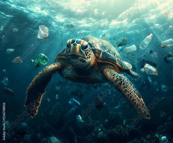 Fototapeta A turtle swims in polluted ocean waters with plastic debris, creating a striking and urgent scene, ideal for environmental designs.