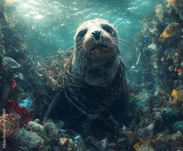 Fototapeta A seal entangled in ocean plastic waste, surrounded by debris, creates a poignant and dramatic scene, perfect for conservation designs.