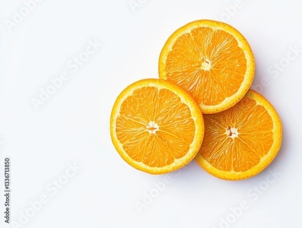 Fototapeta Freshly sliced oranges stacked on a white background, showcasing vibrant color