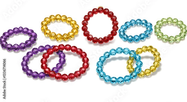 Fototapeta A collection of colorful crystal bead bracelets arranged on a white surface in an artistic manner