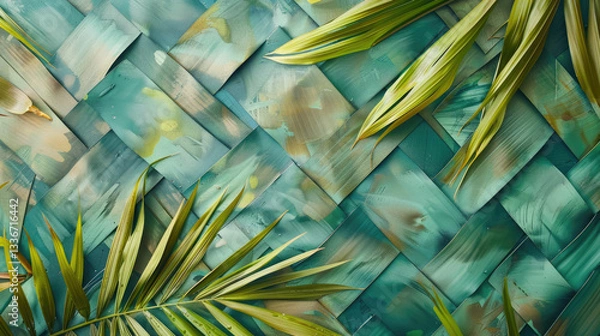 Obraz Woven texture with green leaves creates tropical vibe