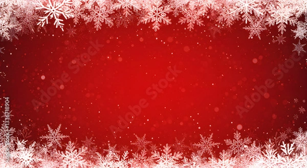 Fototapeta Festive red background with white snowflake border and bokeh effect christmas holiday theme