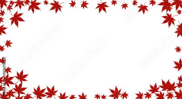 Fototapeta Frame of red maple leaves scattered around the edges on a white background creating a border effect