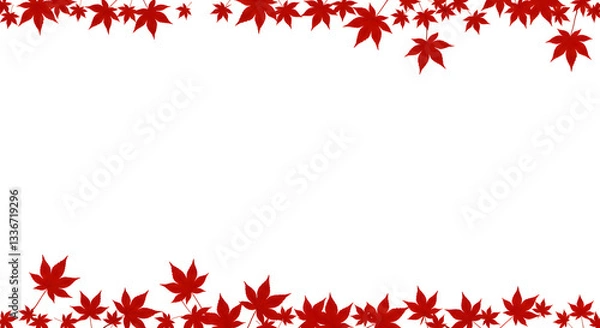 Fototapeta Red maple leaves arranged in a border pattern on a white background creating a frame effect