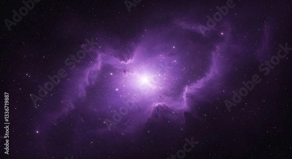 Fototapeta A cosmic view of a purple nebula with bright central star and scattered stars in the background