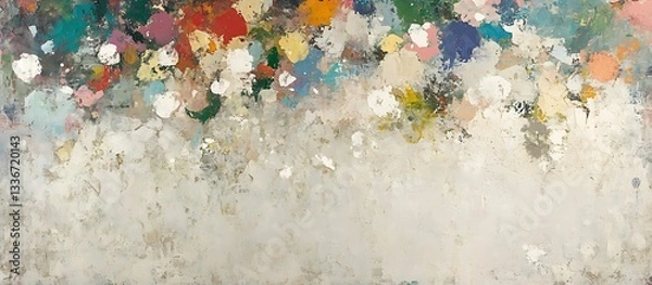Fototapeta Abstract colorful paint splatters on grey canvas