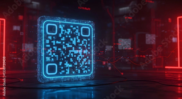 Fototapeta Glowing qr code with neon blue light on a futuristic dark background with red data lines and shapes