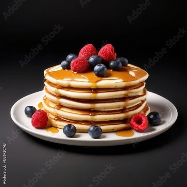 Fototapeta an AI Image Generator, Stack of Pancakes Topped with Berries and Drizzled