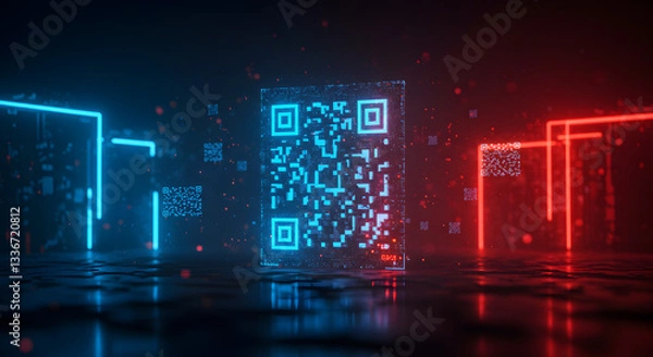 Fototapeta Glowing qr codes in a futuristic setting with neon lights and reflective surface creating a modern look