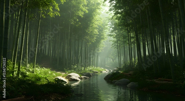 Fototapeta A serene bamboo forest with a stream flowing through it and sunlight filtering through the trees