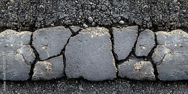 Fototapeta Cracked asphalt curb, road texture detail