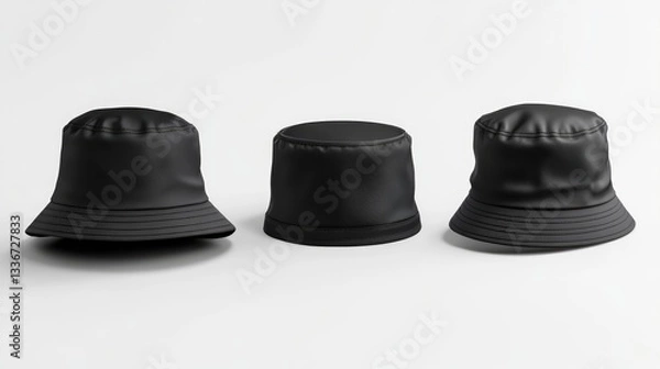 Fototapeta Three stylish black bucket hats displayed in a minimalist setting, showcasing different angles and designs