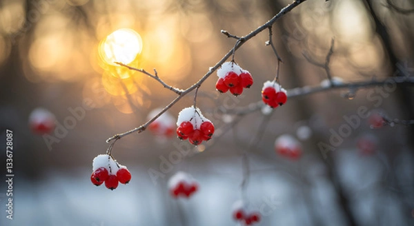 Fototapeta Red berries covered in snow hang from a branch against a blurred sunset background in winter time