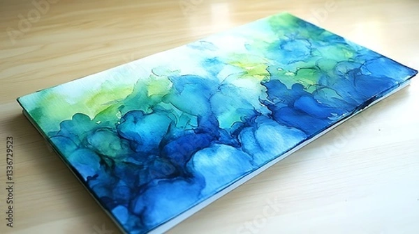 Fototapeta Teal and green abstract art on wood surface