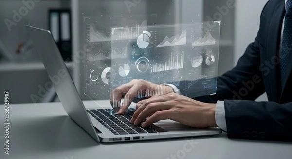 Obraz Businessman analyzing virtual data on laptop. Man working with digital charts and graphs. Modern technology in finance. Business intelligence and data analytics concept.