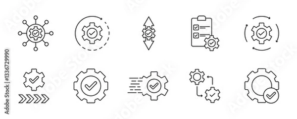 Fototapeta Gear settings thin line icon set. Containing execution, process, system, evaluate, efficiency, business management project, task, implement, operation, optimize, performance. Vector illustration.