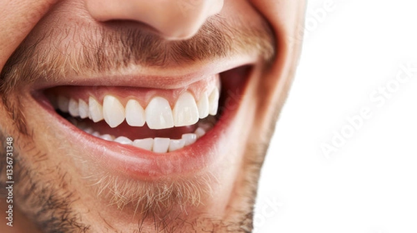 Obraz Close-up of man smiling showing healthy white teeth on transparent background