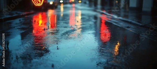 Fototapeta City street reflections, rain, night