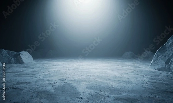 Fototapeta A barren, icy landscape under a bright light. The ground is rugged with rocky formations. Evokes a sense of isolation
