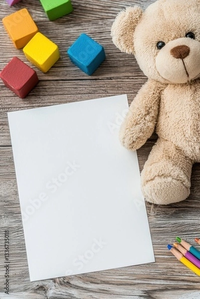 Fototapeta A cheerful 3D illustration features a blank daycare flyer on a rustic wooden table. Brightly colored toy blocks, crayons, and a teddy bear create a playful atmosphere, inviting creativity.