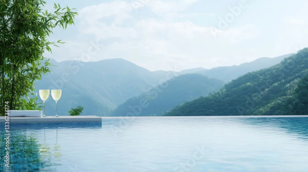 Fototapeta Infinity pool with serene mountain view, two wine glasses, and lush greenery.