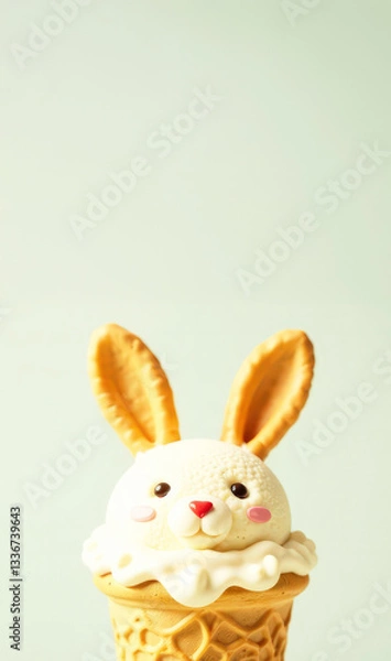 Fototapeta close up of bunny ice cream scoop with waffle ears in waffle cone, easter concept