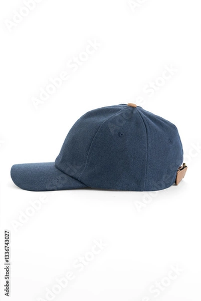 Obraz Blue textile baseball cap with brown elements, left side view, on white background