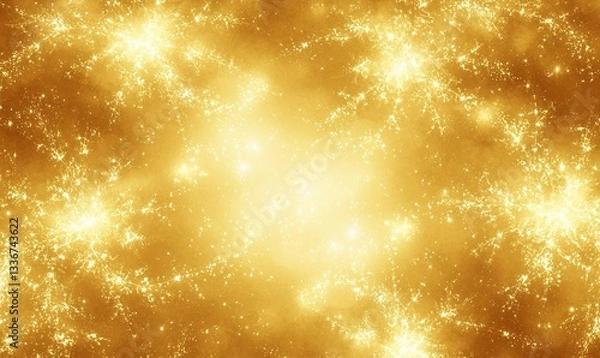 Fototapeta A golden, celestial radiance fills the scene with bright clusters amidst softer glows, suggesting a distant galaxy or nebular essence