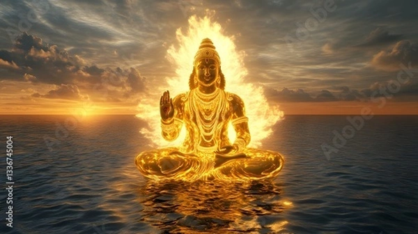 Fototapeta A radiant 3D rendering of Lord Vishnu, sitting in a meditative pose on the cosmic ocean, with divine energy flowing through him.