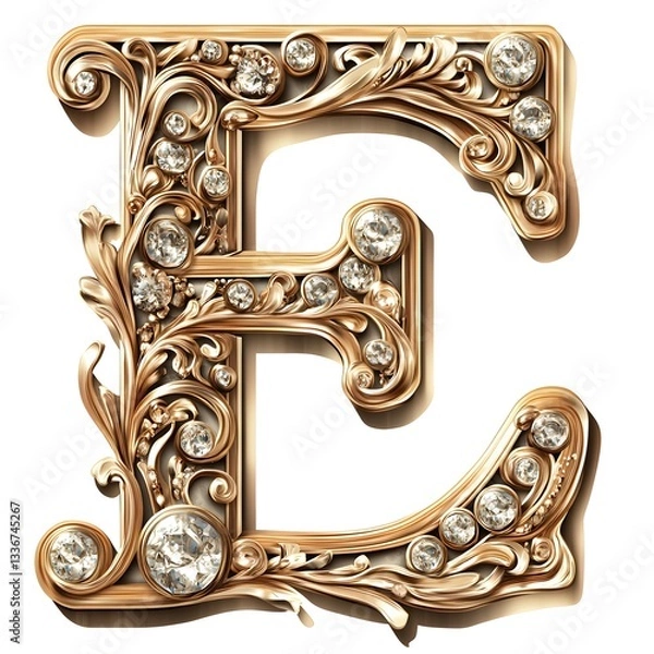 Fototapeta Elegant 'E': A detailed, golden letter "E", adorned with sparkling gemstones and intricate floral designs, exuding luxury and timeless beauty.