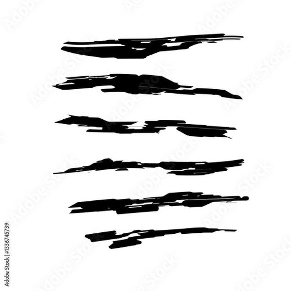 Fototapeta Abstract black brush stroke vector set with rough, grunge-style lines. Perfect for digital art, backgrounds, textures, and design elements. High resolution and isolated on a white background.
