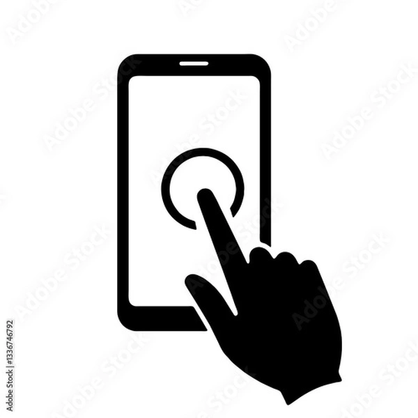 Obraz スマホの画面をタッチ操作している手のシンプルな黒いシルエットイラスト　透過背景の切り抜き