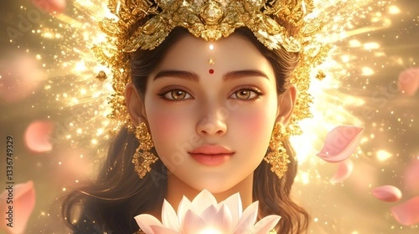Obraz A serene 3D depiction of Goddess Parvati, with a gentle smile, holding a lotus, surrounded by celestial light and soft petals.