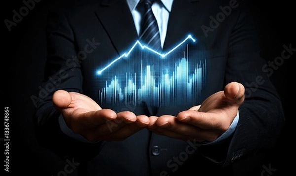Fototapeta A person in suit holds a luminous upward trending graph in their hands, symbolizing growth and success