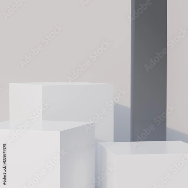 Fototapeta White Podium studio and cube pedestal on white background with product shelf on one white floor and wall the platform for product presentation minimal style, copy space, abstract podium. 3D render.