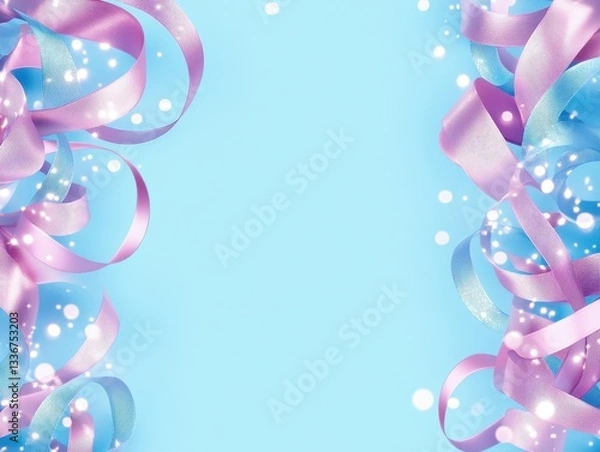Fototapeta Colorful ribbons in pink and blue on a light blue background with sparkles