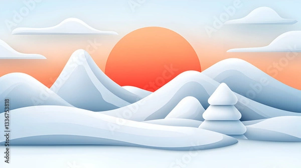 Fototapeta Pastel Winter Sunset Landscape with Snowy Mountains and Trees