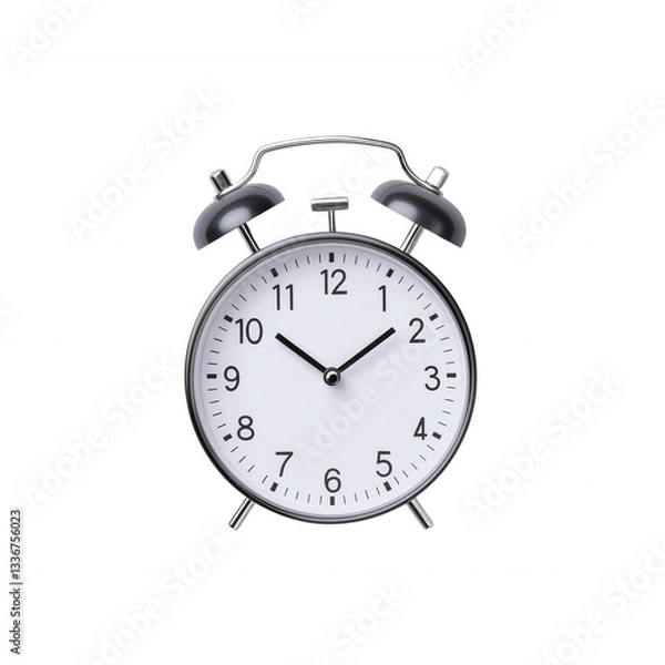 Fototapeta A classic alarm clock with a round white face, black markings, and twin bells on top. isolated on transparent background