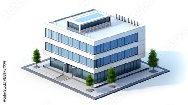Fototapeta A Modern Three-story Office Building Nestled Amongst Small Trees, Showcasing Clean Lines And Expansive Windows, Bathed In Bright Sunlight