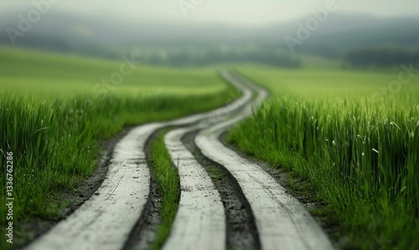 Fototapeta A winding dirt path cuts through vibrant green fields toward distant hills under a misty, soft sky