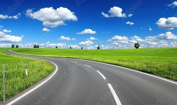 Fototapeta A winding road sweeps through vibrant green fields under a bright, cloud-dotted sky. Tranquil and serene