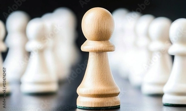 Fototapeta A wooden chess pawn stands out amongst white pawns, symbolizing leadership and strategy