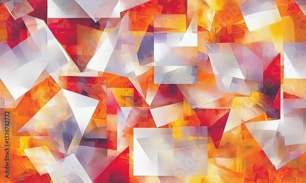 Fototapeta Abstract arrangement of translucent shapes against a vivid blend of orange, yellow, red and purple hues creates a dynamic, textural artwork