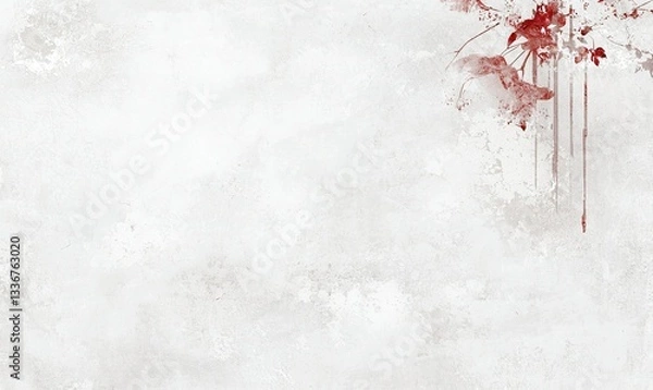 Fototapeta Abstract art with red floral accent. White canvas, textured with red flower and dripping lines on the upper right corner